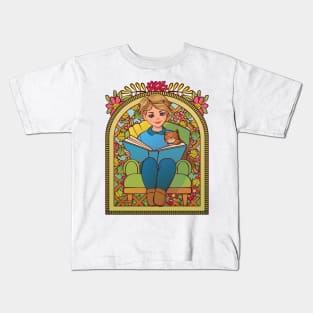 Blonde Girl Reading to Cat Kids T-Shirt